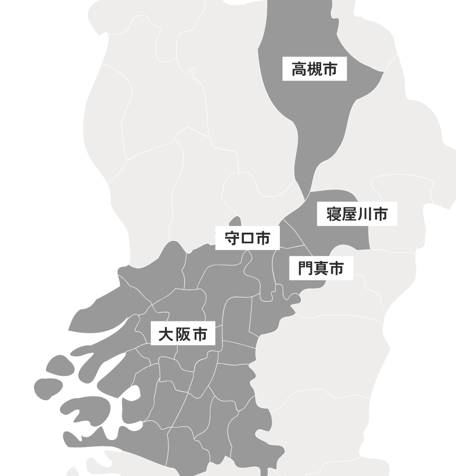 大阪府の地図の一部で、4つの市(高槻市、寝屋川市、守口市、門真市)が色分けされて強調されている