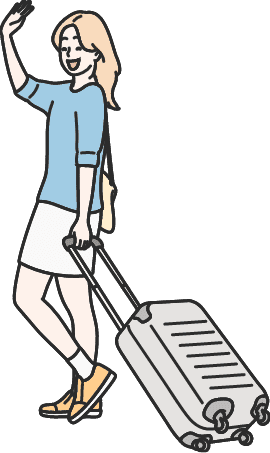 大きなスーツケースを引きながら笑顔で手を振る女性のイラスト