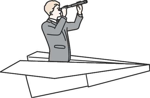 紙飛行機に乗ったスーツ姿の男性が望遠鏡で前方を見ているイラスト