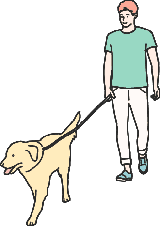 若い男性がリードを持って大型犬と散歩しているイラスト