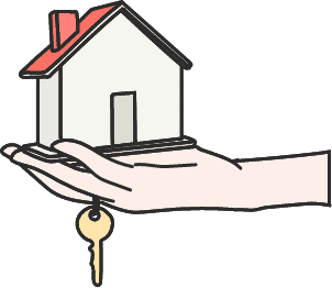 手のひらに乗せられた家の模型と、指からぶら下がる鍵が描かれているイラスト